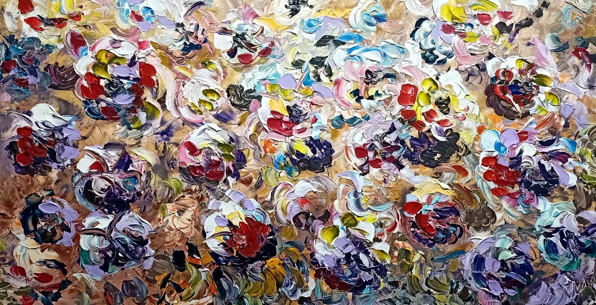 Impressionistic Landscape Acrylic Painting By Antonino Puliafico, 55 X 28, Meteore Di Petali, Original Artwork