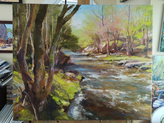 Rushing river, original, one of a kind, oil on canvas impressionistic style painting  (20x24"'') See time-lapse video attached
