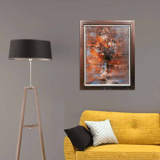 Framed ghostly melancholic autumn colors pot with flowers masterpiece painting by O KLOSKA