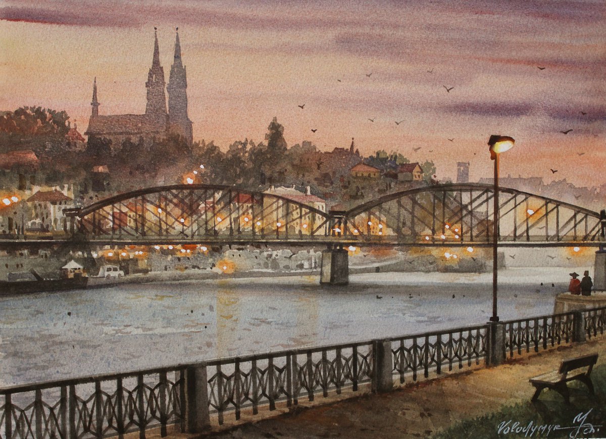 Cityscapes Watercolour By Volodymyr Melnychuk, 15 X 11", Evening River, Original Artwork