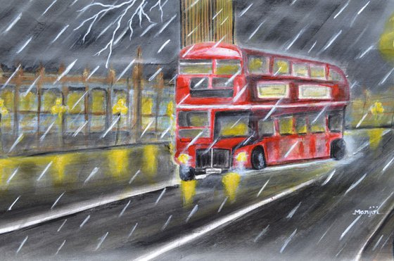 Red Bus in London night rain