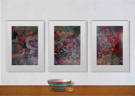 Set of 3 Fluid abstract original paintings on carton - 18J035