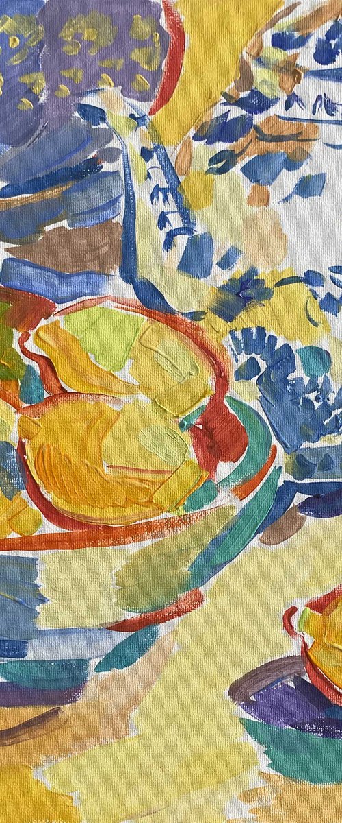 Still Life with Blue Teapot and Lemons by Ariela Stem