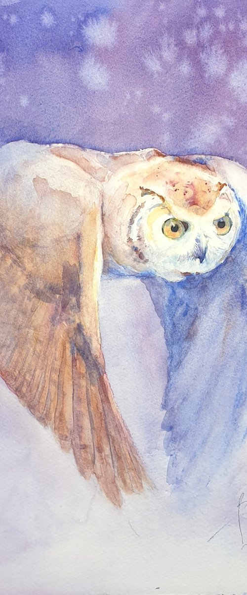 OWL WITH YELLOW EYES original watercolor 30X40 by Beata van Wijngaarden
