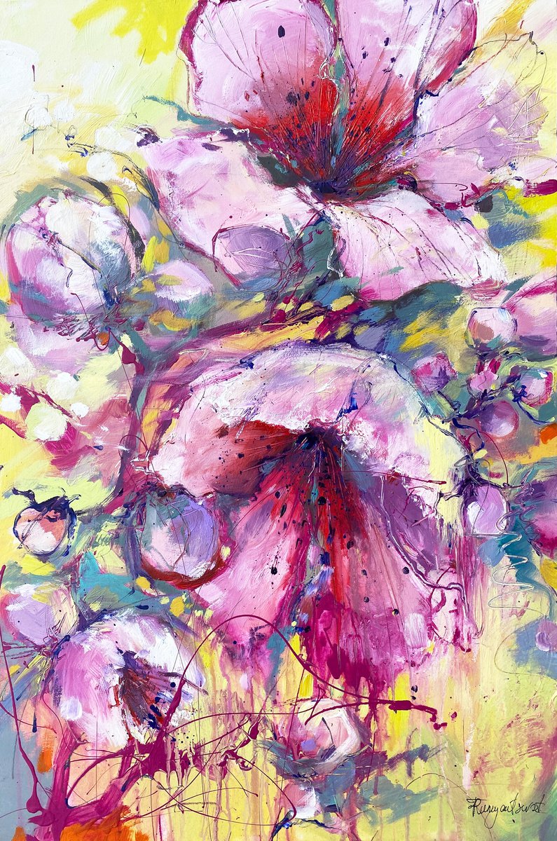 Abstract Botanical Acrylic Painting By Irina Rumyantseva, 24 X 35, Vibrant Flowers, Original Artwork