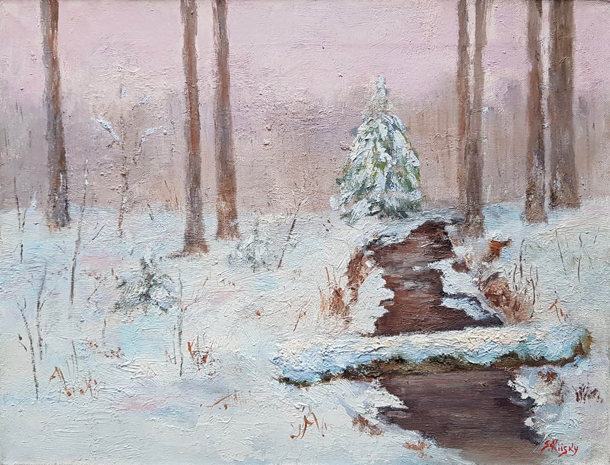 Impressionistic Landscape Oil Painting By Svetlana Grishkovec-Kiisky, 17 X 13", River In The Winter Forest, Original Artwork