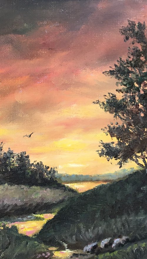 Hill Country Sundown by K. McDermott - oil 9X12 by Kathleen McDermott