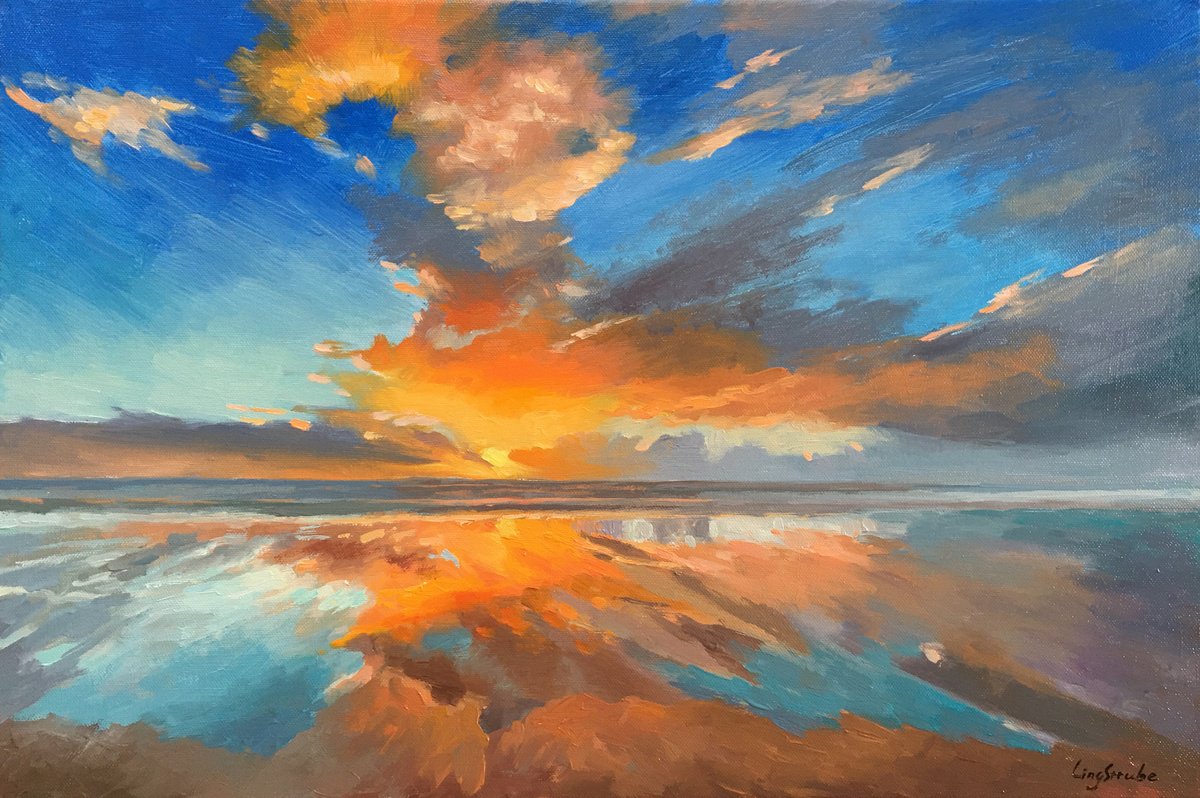 Impressionistic Landscape Oil Painting By Ling Strube, 24 X 16", Dramatic Evening Sky, Original Artwork