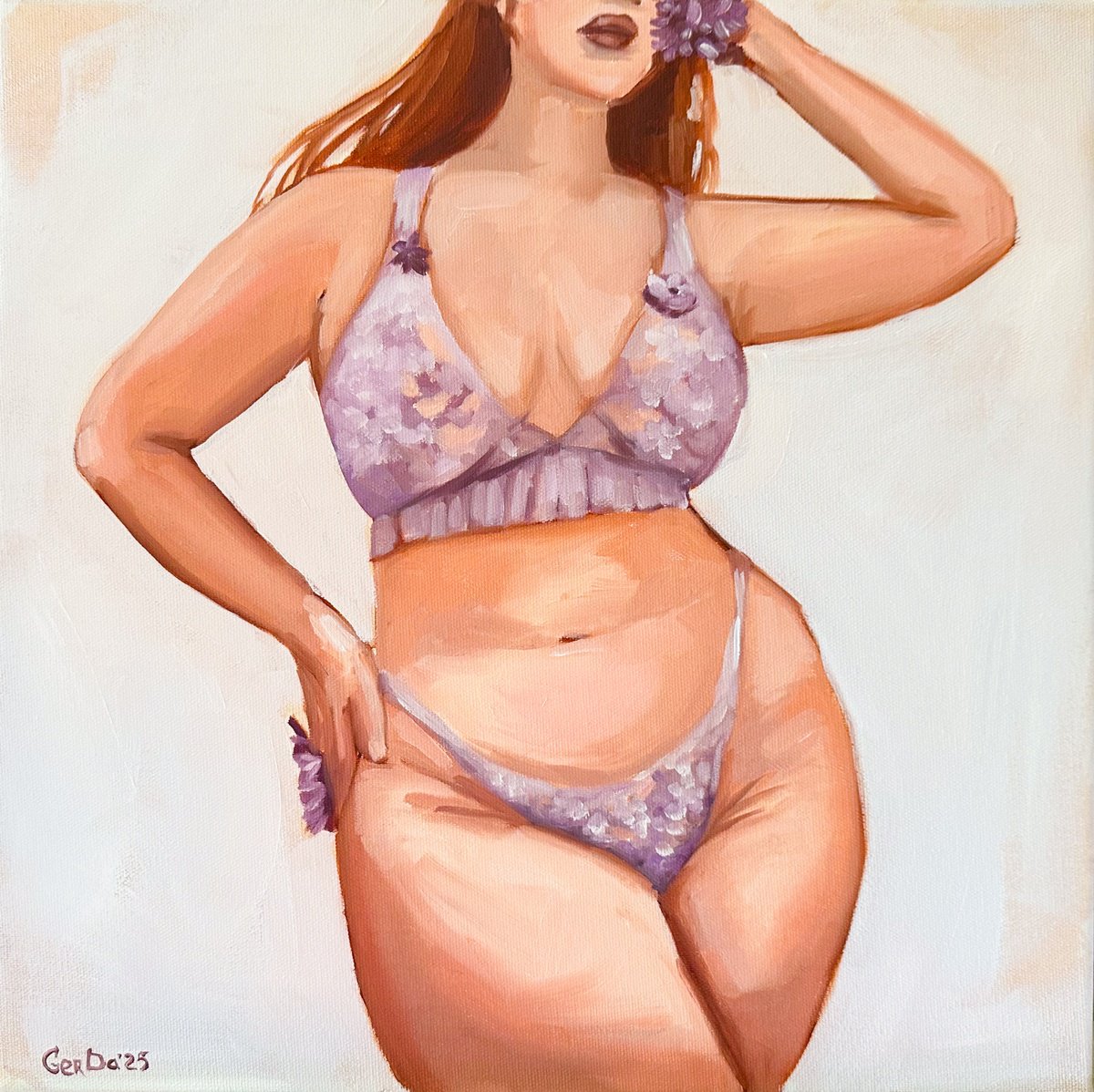 Impressionistic Portrait Oil Painting By Daria Gerasimova, 16 X 16, Girl In Purple Underwear, Original Artwork