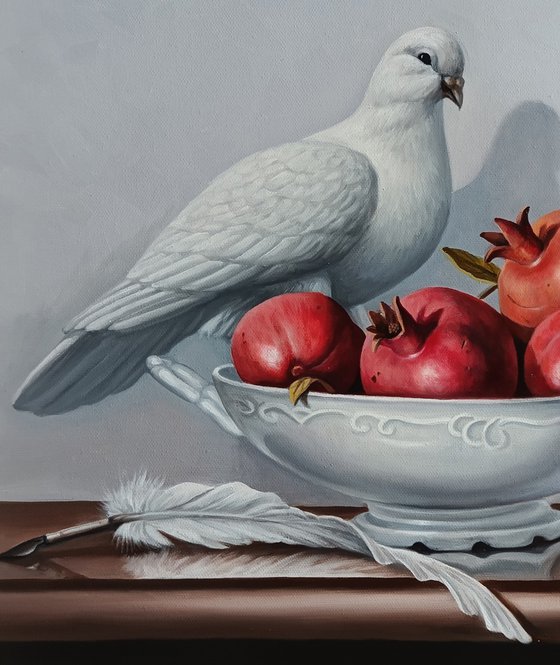 Still life with pomegranates and dove