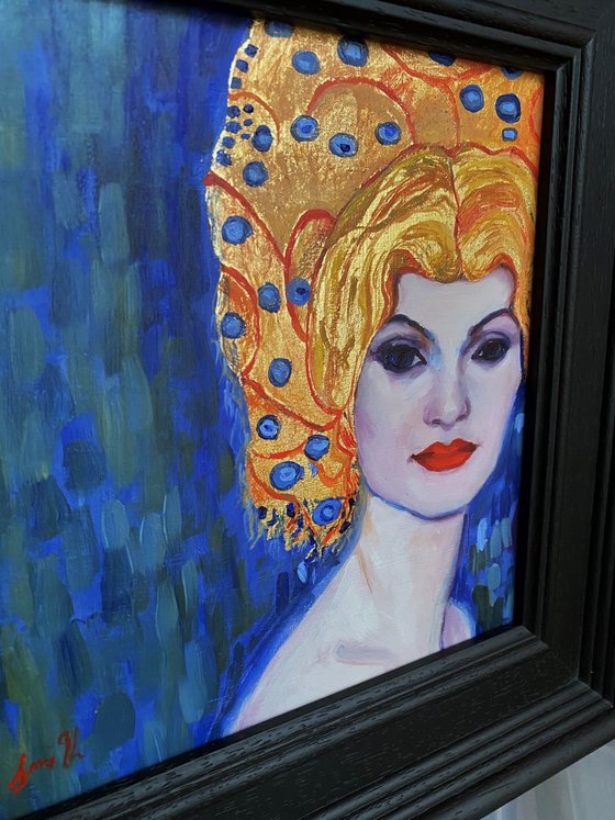The Siren: Gold leaf oil portrait with frame.