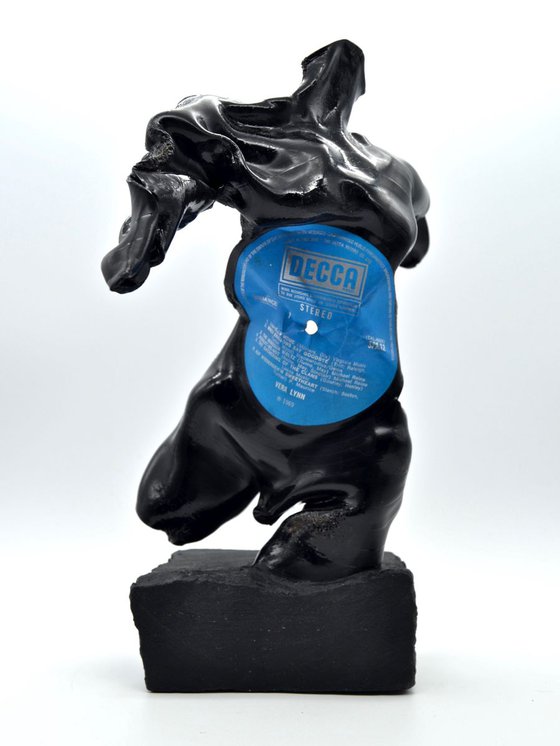 Male Figurative Sculpture, Vinyl Music Record on Black Stone, Vera Lynn
