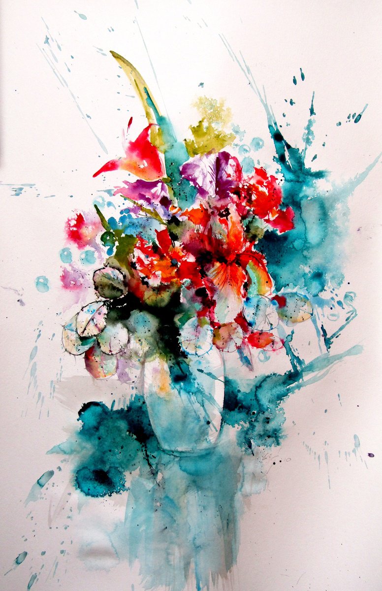 Expressive Still Life Watercolour By Kovacs Anna Brigitta, 20 X 30", Atmosphere With Flowers Iii, Original Artwork