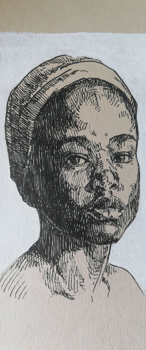 Black woman portrait. Black and white portrait drawing by Katarzyna Gagol