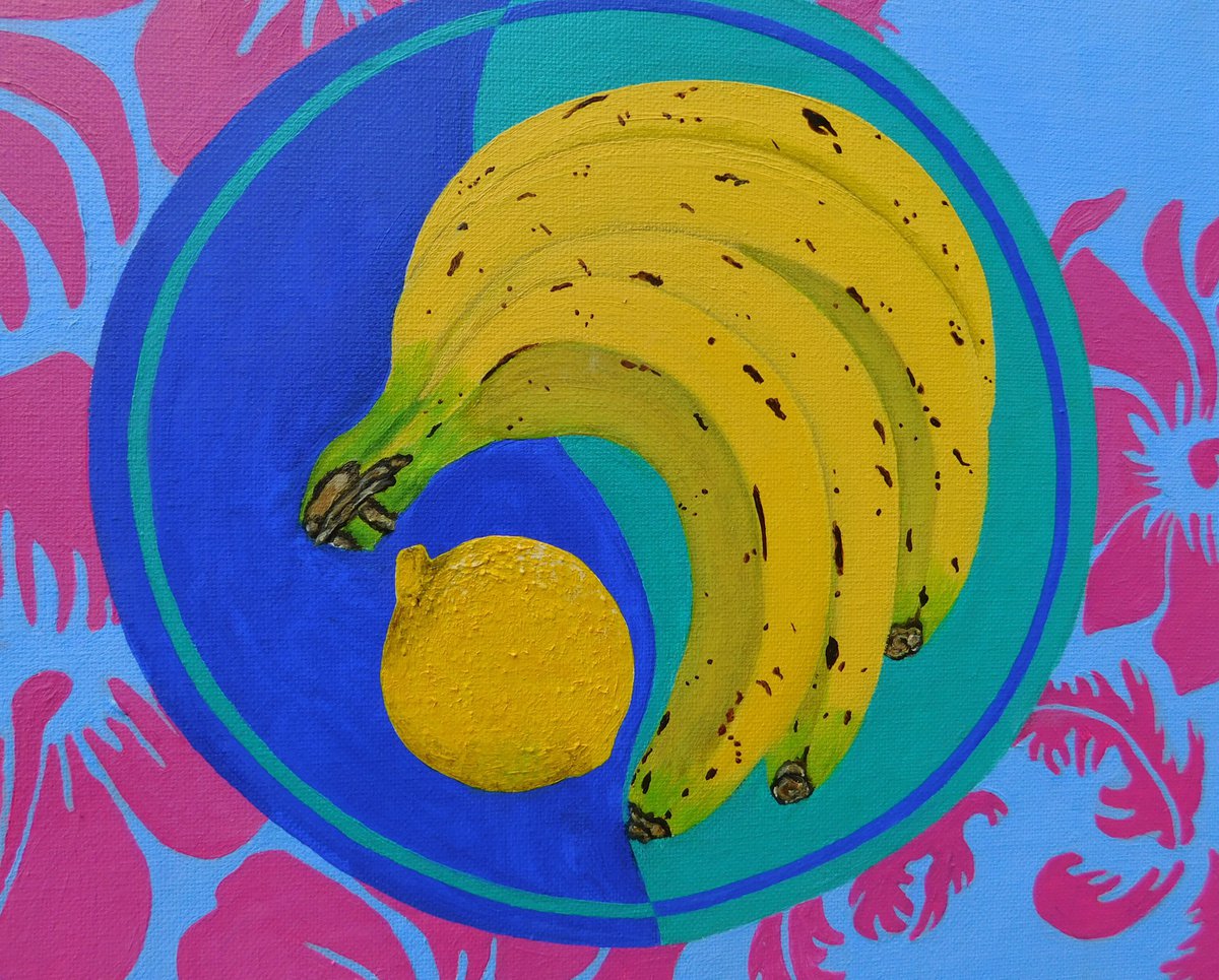 Photorealistic Oil Painting , Four Bananas And A Lemon By Ruth Cowell, 12 X 12, Artwork For Sale On Artfinder