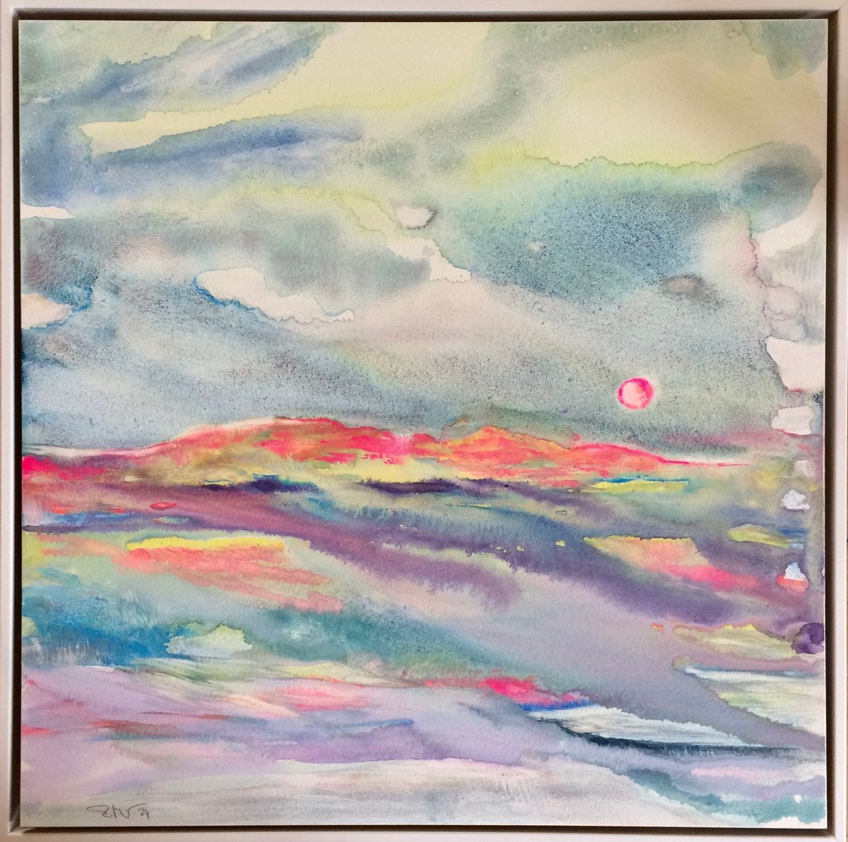 Abstract Landscape Watercolour By Gesa Reuter, 12 X 12, Pink Moon Rising, Original Artwork