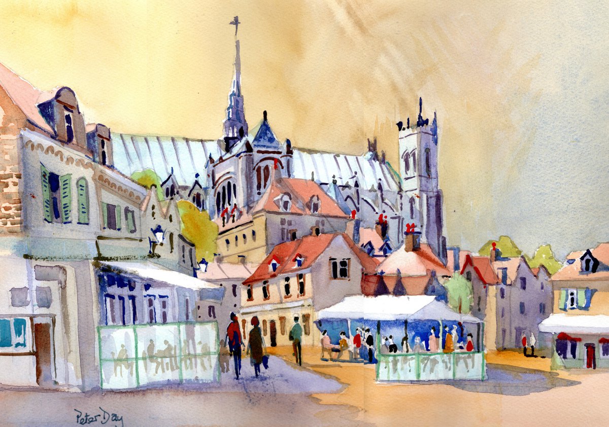 Amiens Cathedral, France. Busy scene with cafes by Peter Day