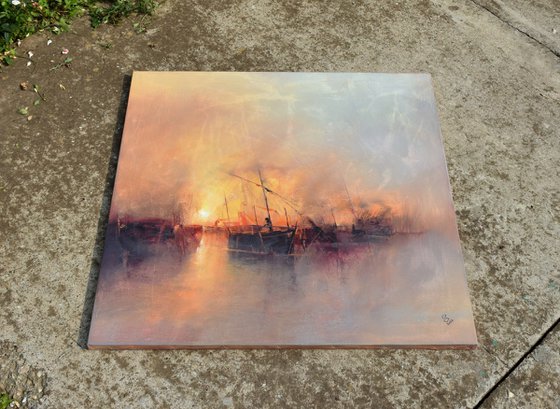 " Harbor of destroyed dreams - Hazy morning " W 70 x H 70 cm