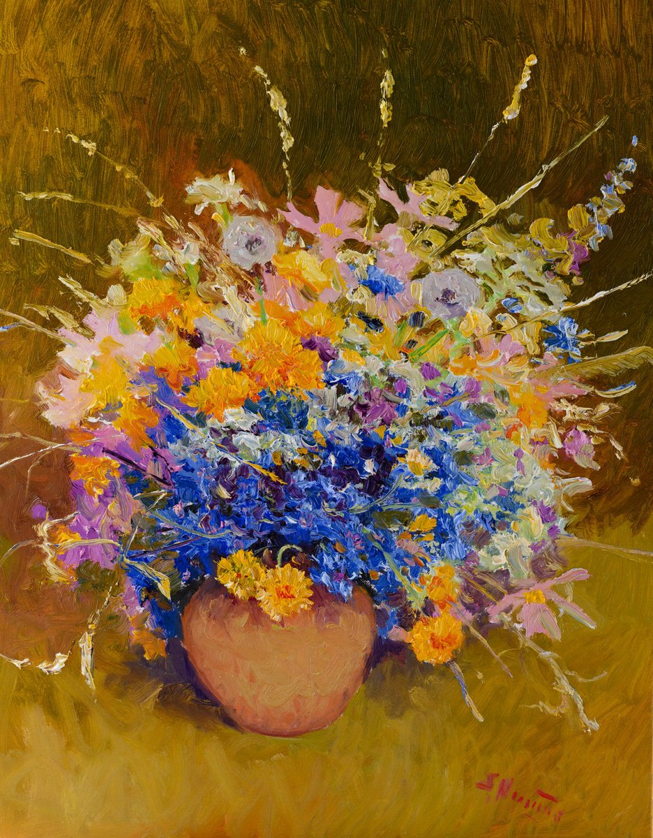 Impressionistic Botanical Oil Painting By Suren Nersisyan, 22 X 28", Mountain Flowers, Original Artwork