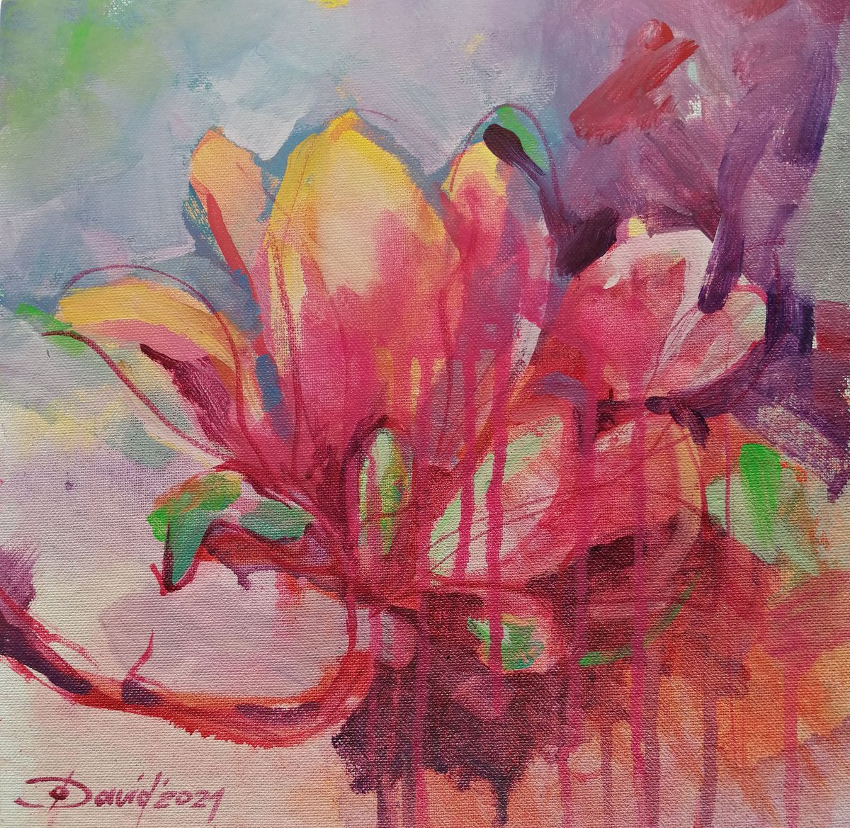 Organic Botanical Acrylic Painting By Olga David, 12 X 12", Magnolia Blossom, Original Artwork