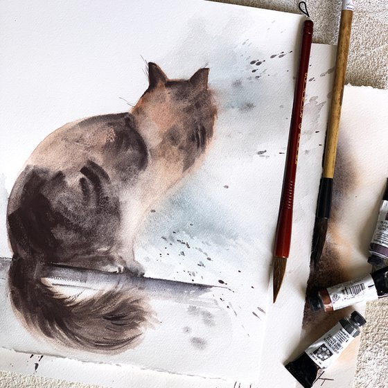 Sitting Cat Watercolor Painting