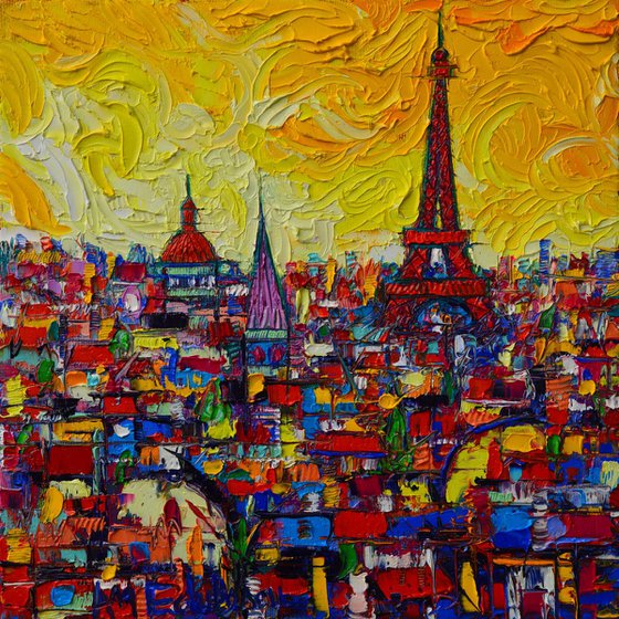 VIBRANT PARIS ABSTRACT CITYSCAPE impasto contemporary impressionist palette knife oil painting