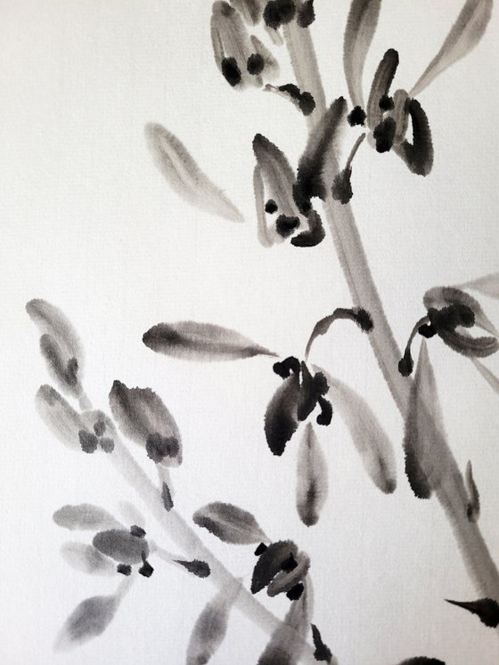 Black & white orchid - Oriental Chinese Ink Painting