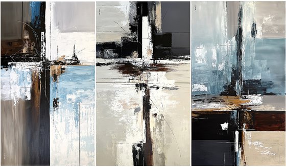 Large Neutral Triptych 240x140 cm Blue Gray