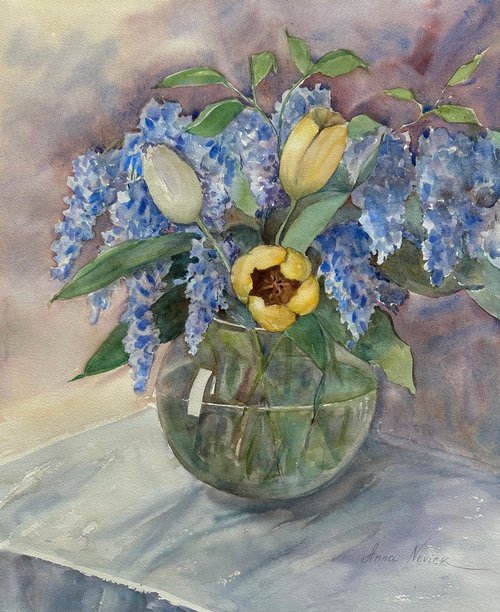 Wisteria Flowers and Tulips by Anna Novick