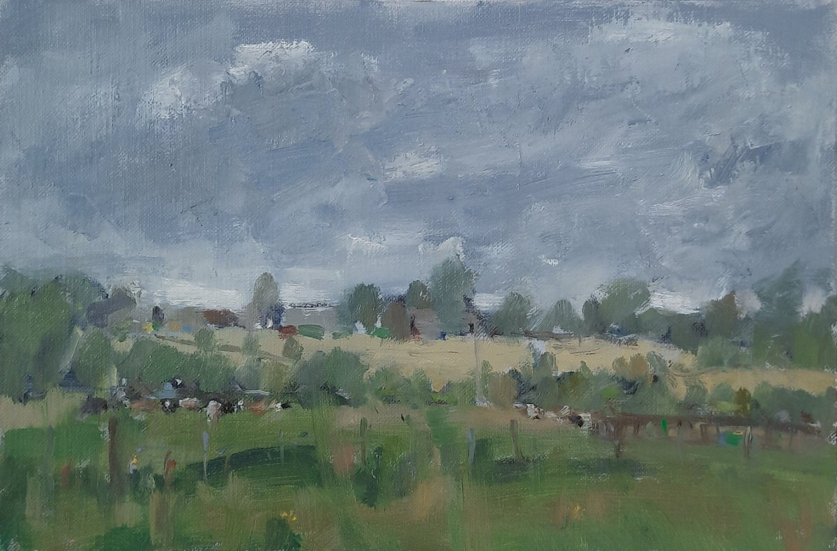 Impressionistic Landscape Oil Painting By Alex James Long, 12 X 8, Rainclouds Over The Fields, Original Artwork