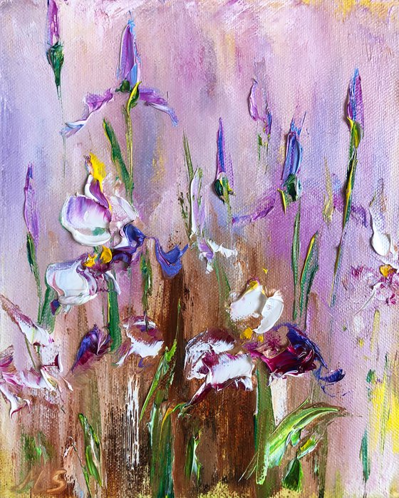 THE MOOD OF THE IRIS - Triptyh. Irises. Flowers. Gift. Lilac color. Bouquet. Garden. Garden flowers. Field irises. Mini-art. Quick painting. The best solution. Gift painting. Postcard. Season. Holidays.