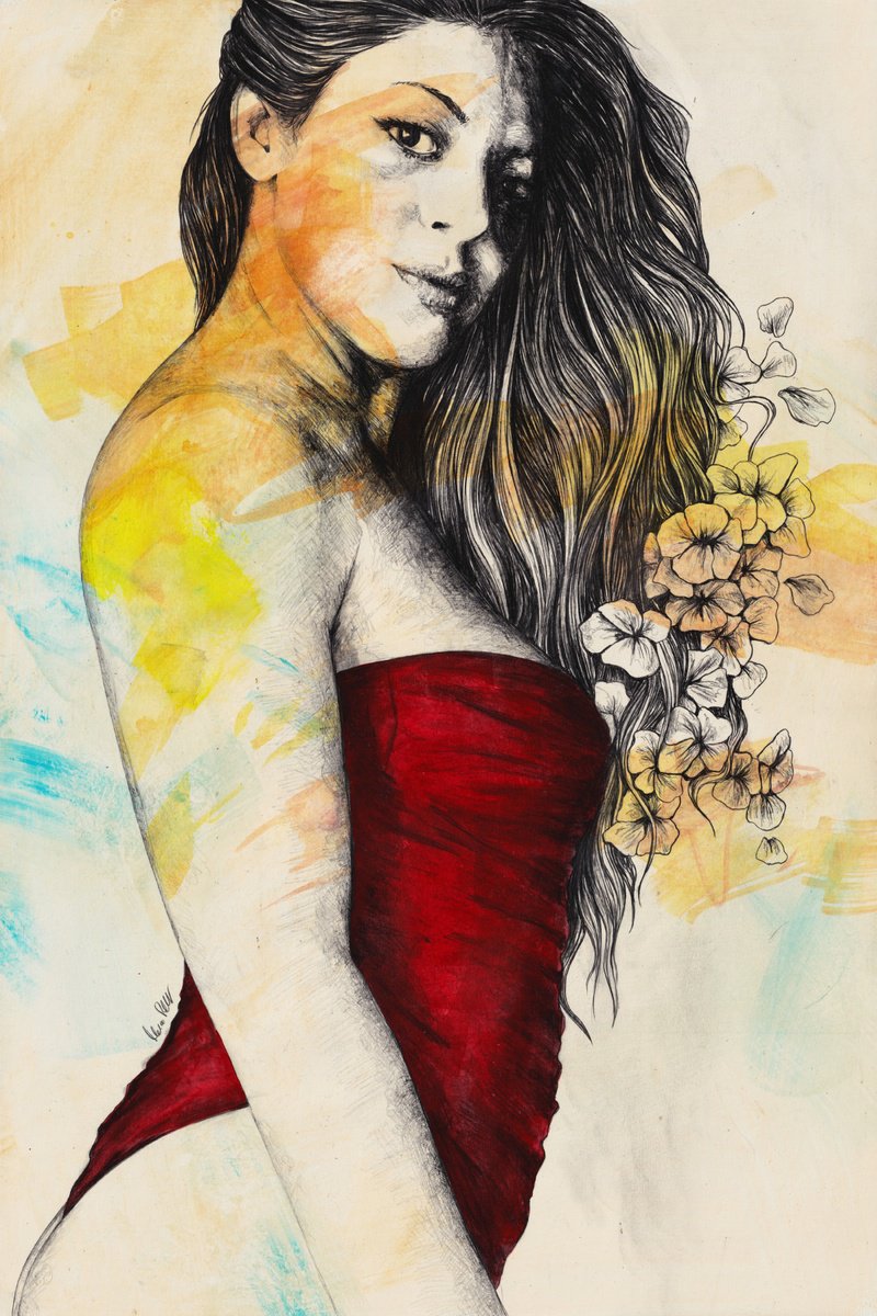 Surrealistic Portrait Pencil Drawing By Marco Paludet, 16 X 24", Sunbather, Original Artwork