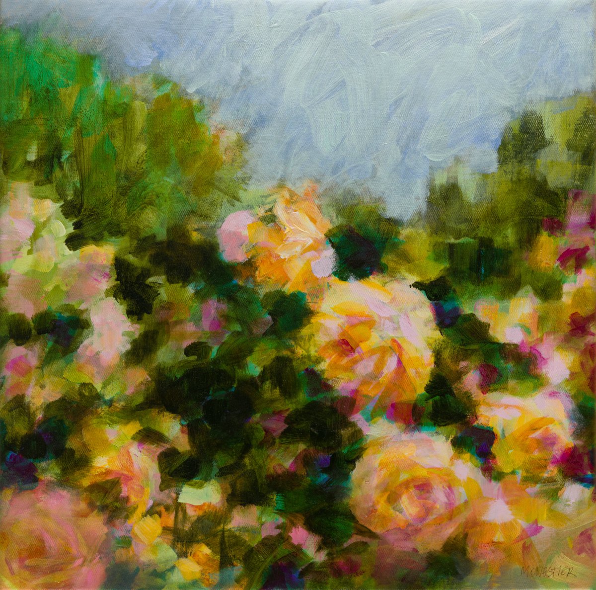 Impressionistic Botanical Acrylic Painting By Fabienne Monestier, 24 X 24, Pale Orange Roses In A Garden, Original Artwork