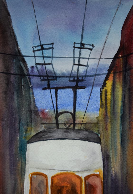 Lisbon tram painting, Lisboa watercolor art original, Portugal wall art