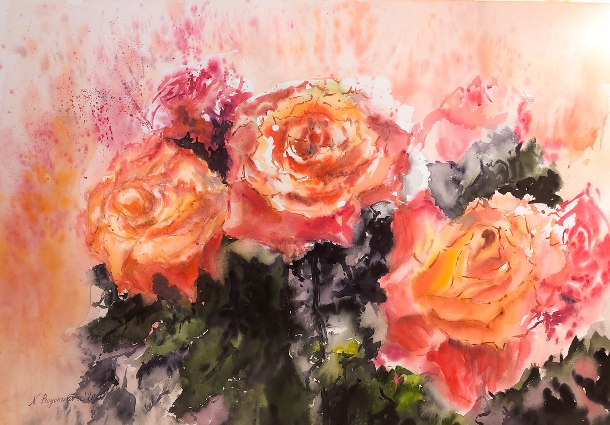 ROSE BOUQUET - pink flower watercolour composition by Nadezhda Bogomolova