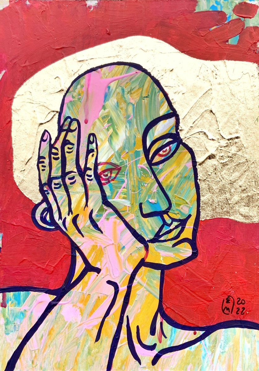 Expressive Portrait Acrylic Painting By Elena Tomilova, 9 X 13, Thought, Original Artwork