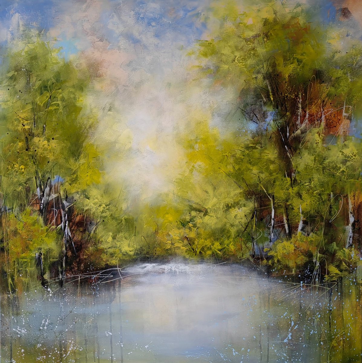 Abstract Landscape Acrylic Painting By Vera Hoi, 39 X 39", "Spring Is In The Air", Original Artwork