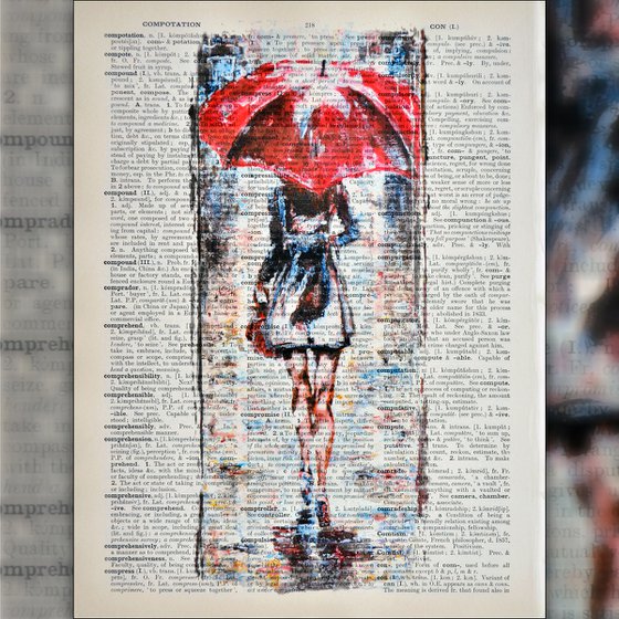 Red Umbrella  - Collage Art on Large Real English Dictionary Vintage Book Page