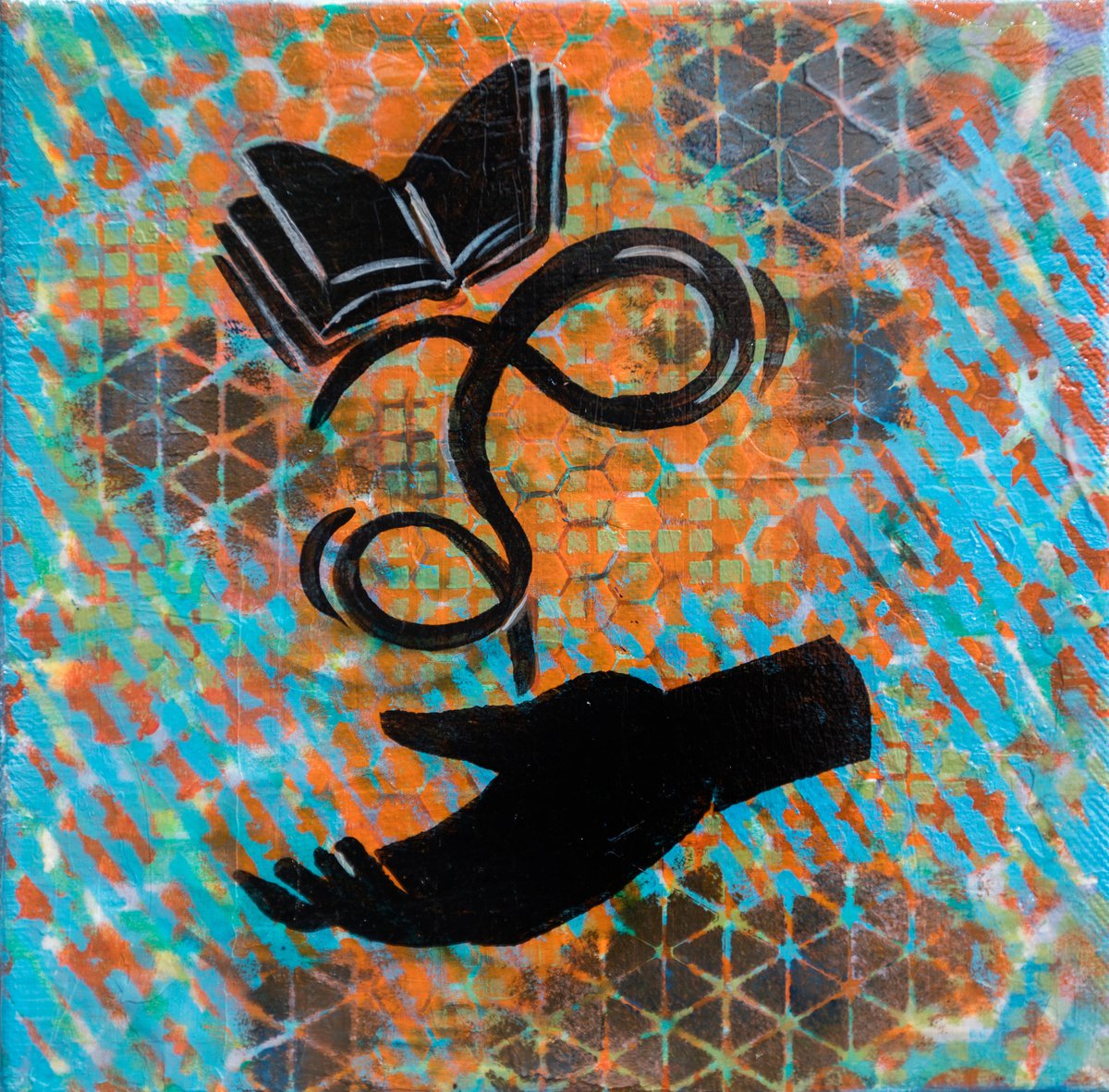 Graphic Portrait Acrylic Painting By Ariadna De Raadt, 8 X 8, Hands Giving 4, Original Artwork