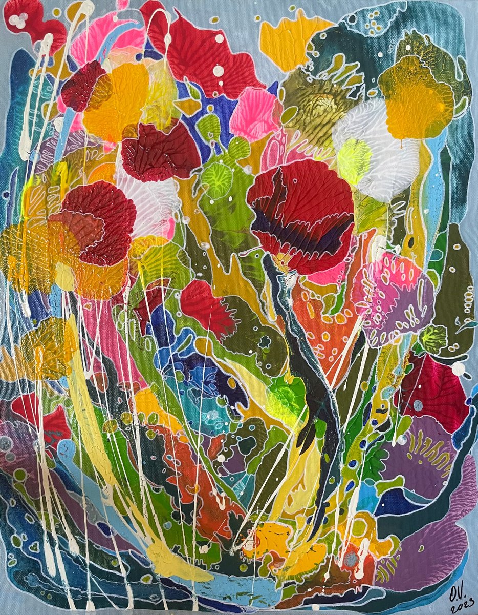Abstract Botanical Acrylic Painting By Oksana Vasylyeva, 16 X 20", Happy Day, Original Artwork
