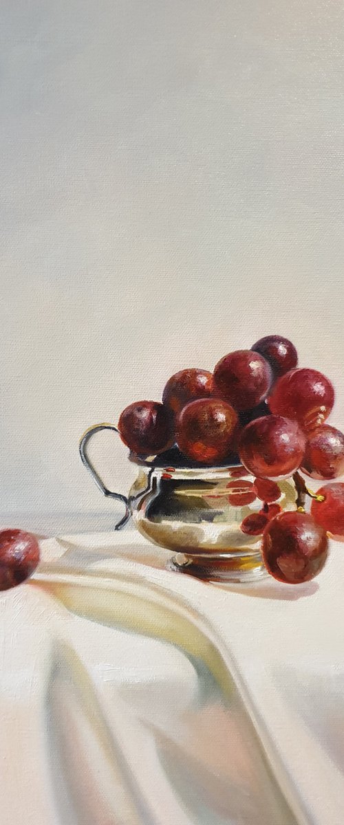 "Grapes in a silver bowl. "  still life summer liGHt original painting  GIFT (2021) by Anna Bessonova (Kotelnik)