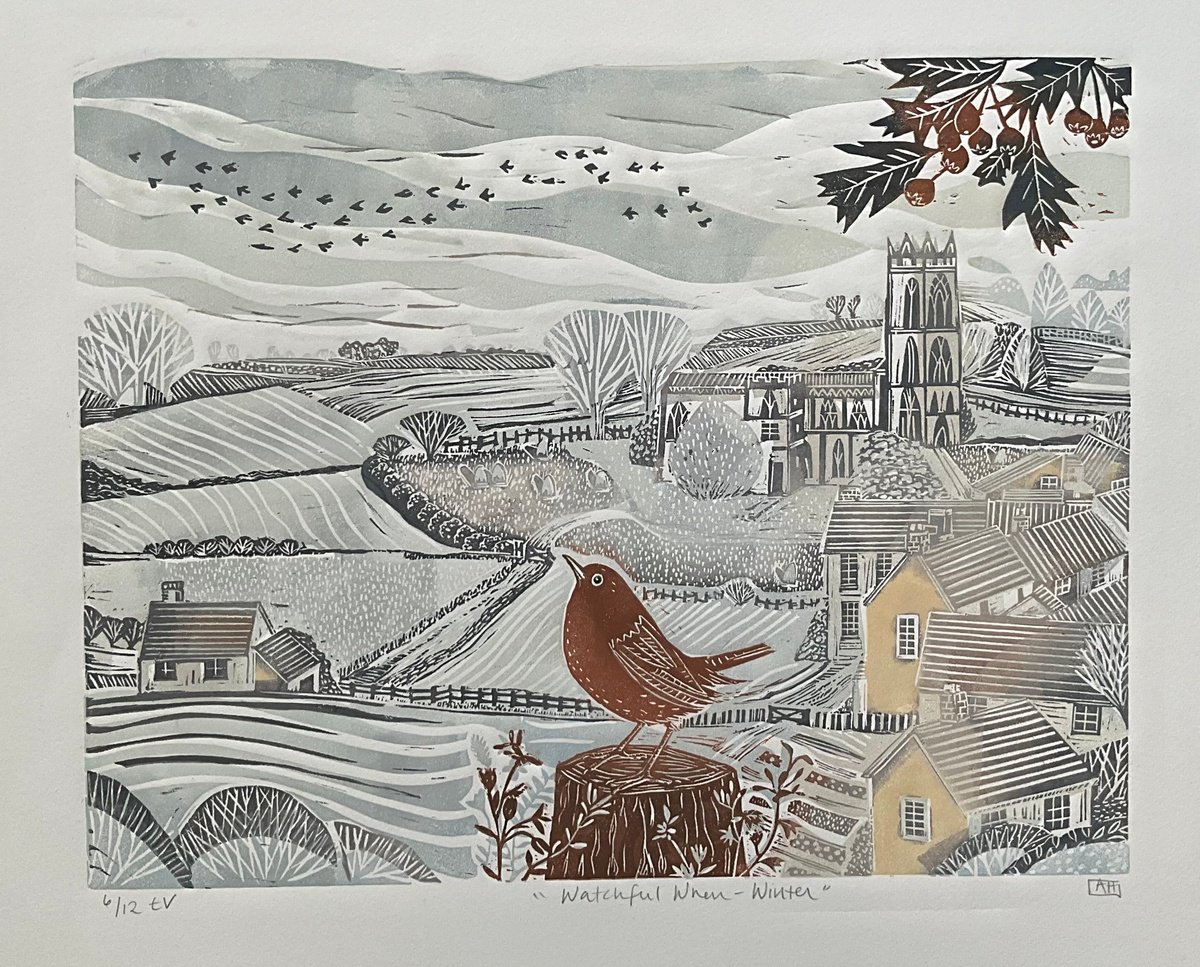 Illustrative Landscape Linocut By Alison Headley, 18 X 15, Watchful Wren (Winter), Original Artwork