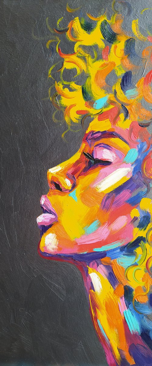 The light of the setting sun - portrait, oil painting, woman, face oil painting, Africa oil painting, African people, woman portrait, Africa, woman, woman face, face oil painting, African motives by Anastasia Kozorez