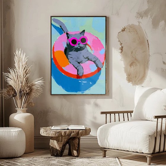 Grey Cat In The Swimming Pool