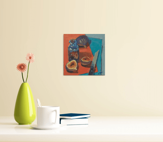 Small Painting - Figs on red and blue - One of a kind artwork, Homedecor