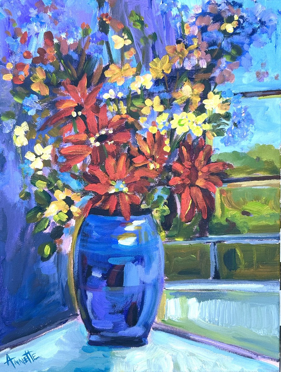 Impressionistic Botanical Acrylic Painting By Annette Wolters, 12 X 16, Red Flowers In Blue Vase, Original Artwork