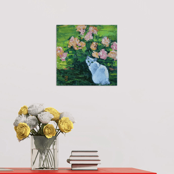 Roses and cat... /  ORIGINAL PAINTING