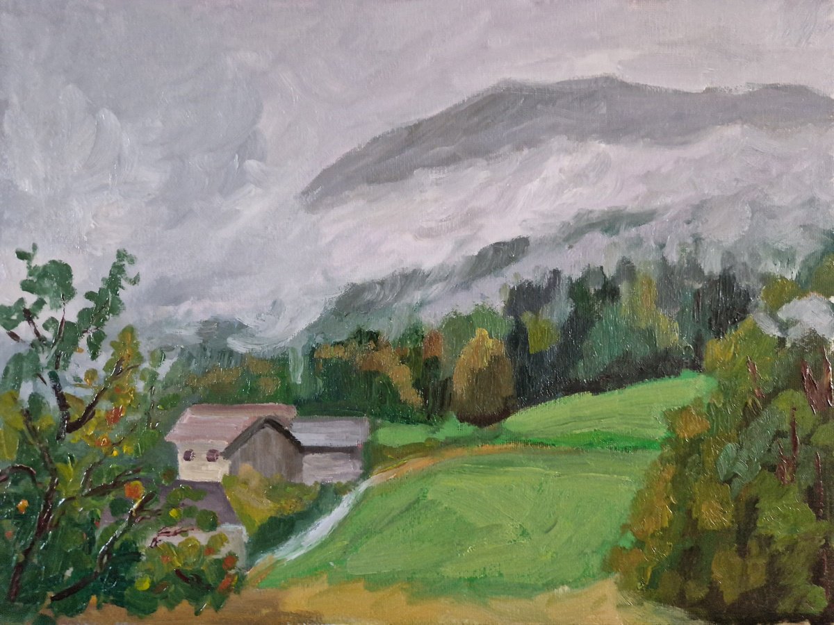 Impressionistic Landscape Oil Painting By Olena Kolotova, 16 X 12", "Fog In The Mountains", Original Artwork