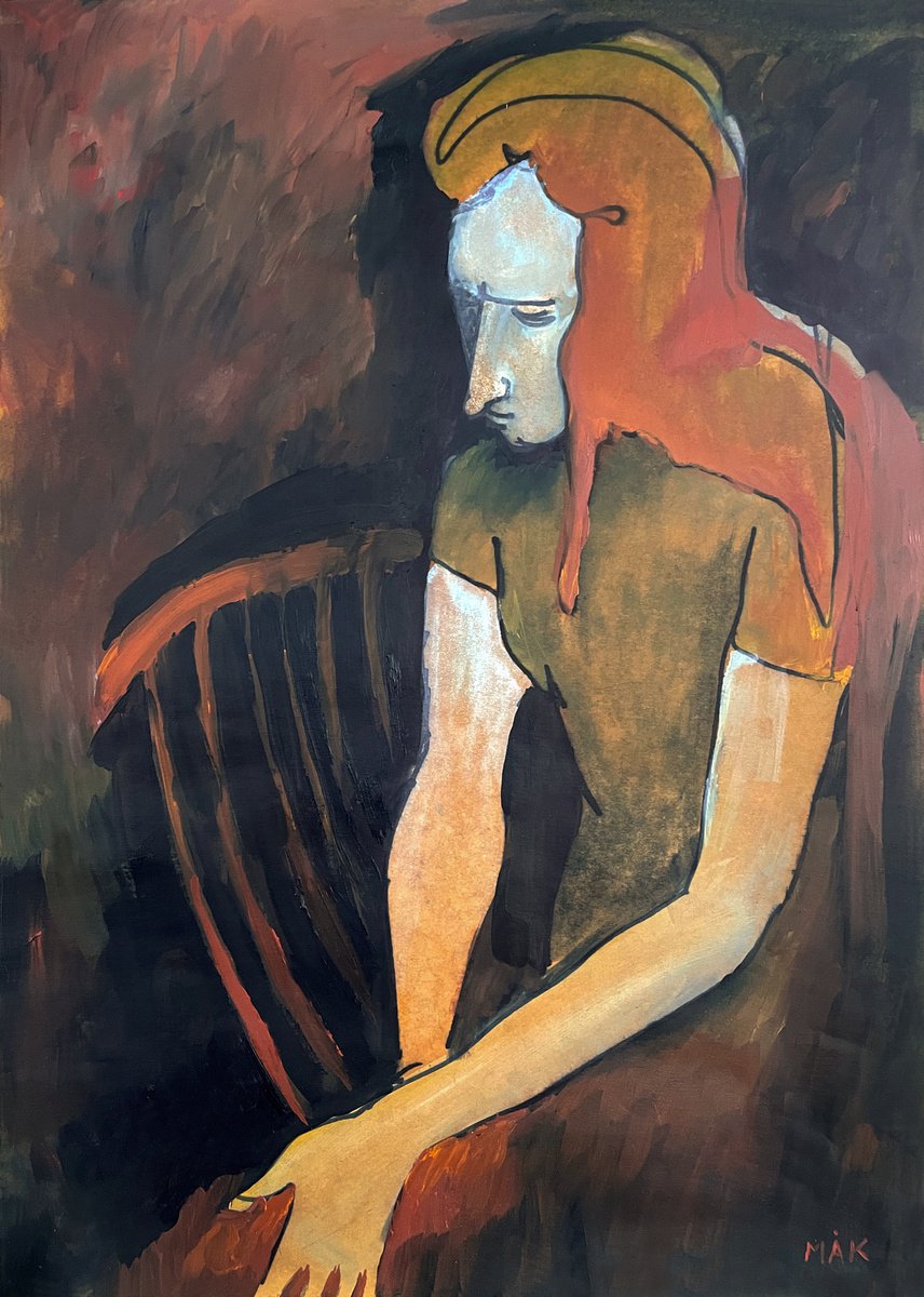 MOOD - small portrait of a girl with red hair in black, red, yellow, indigo and white colo... by Irene Makarova