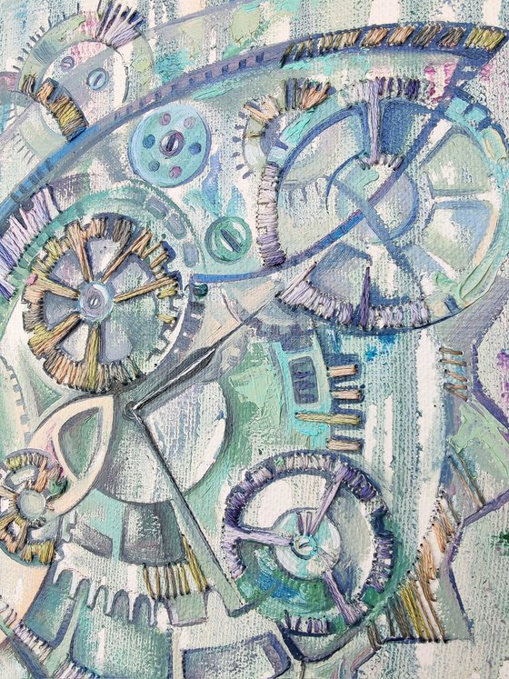 Scream through time, steampunk, pale blue painting with a woman's face andclockwork, embroidery